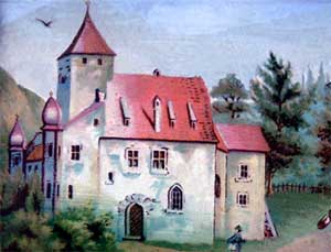 Obraz przedstawiający  zamek zbudowany w XV w. przez Abrachama  Zbąskiego. Kliknij i zobacz całą panoramę.
